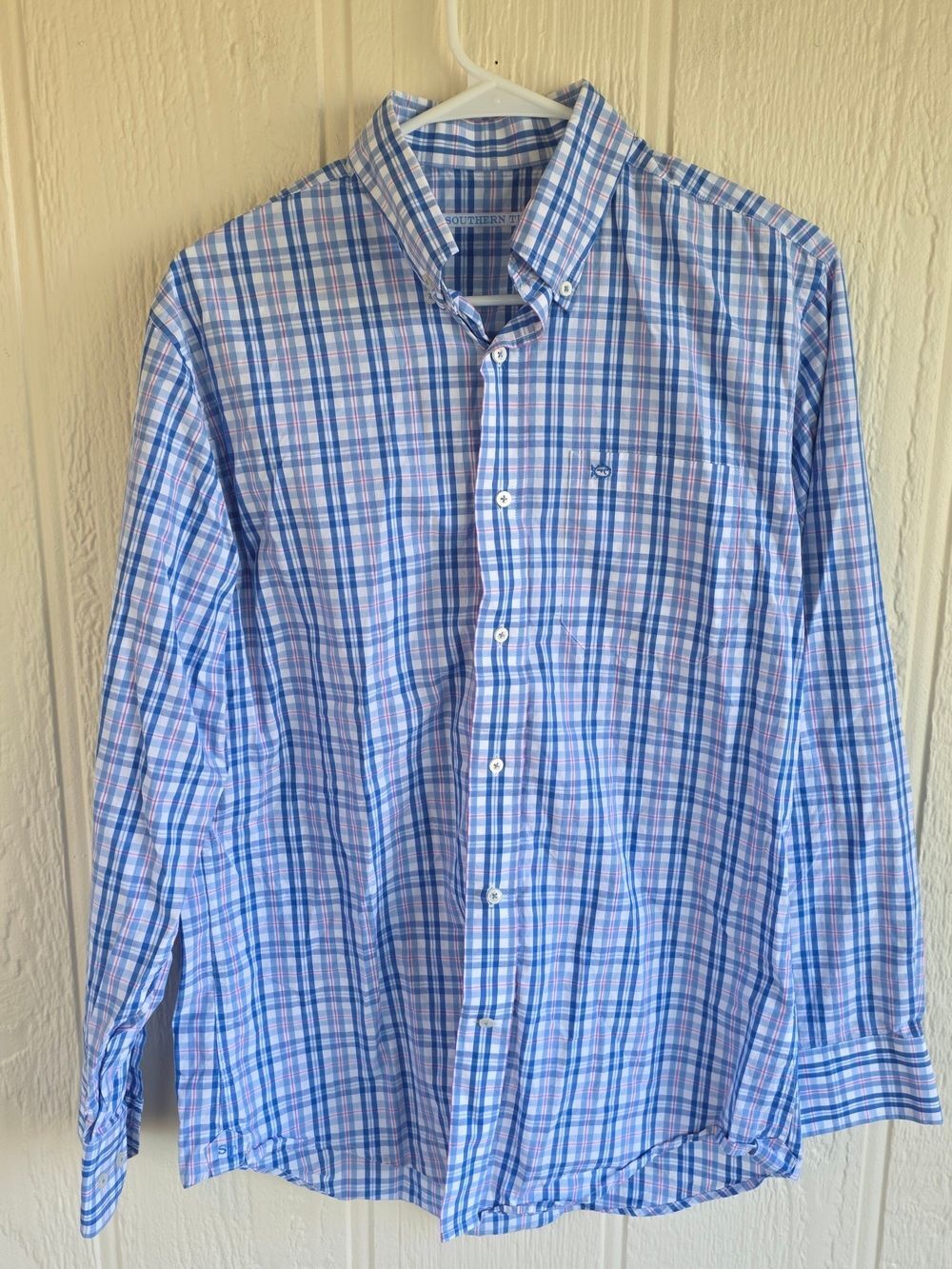 Men's Southern Tide Blue and White Plaid Button-Down Shirt, Size Small